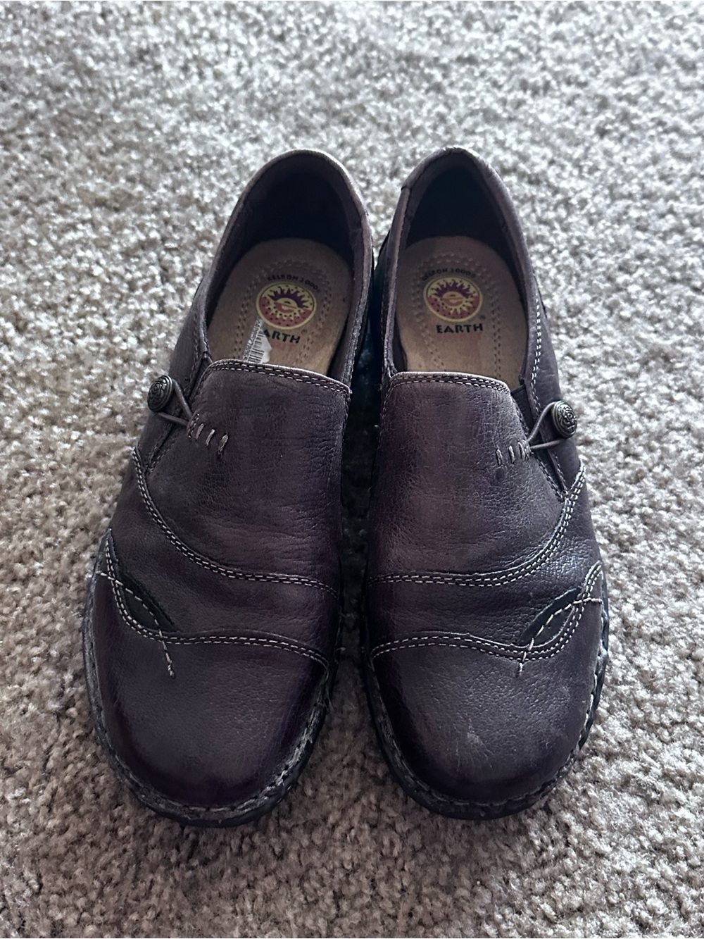 Earth Spirit Brown Leather Slip-On Loafers with Button Accent
